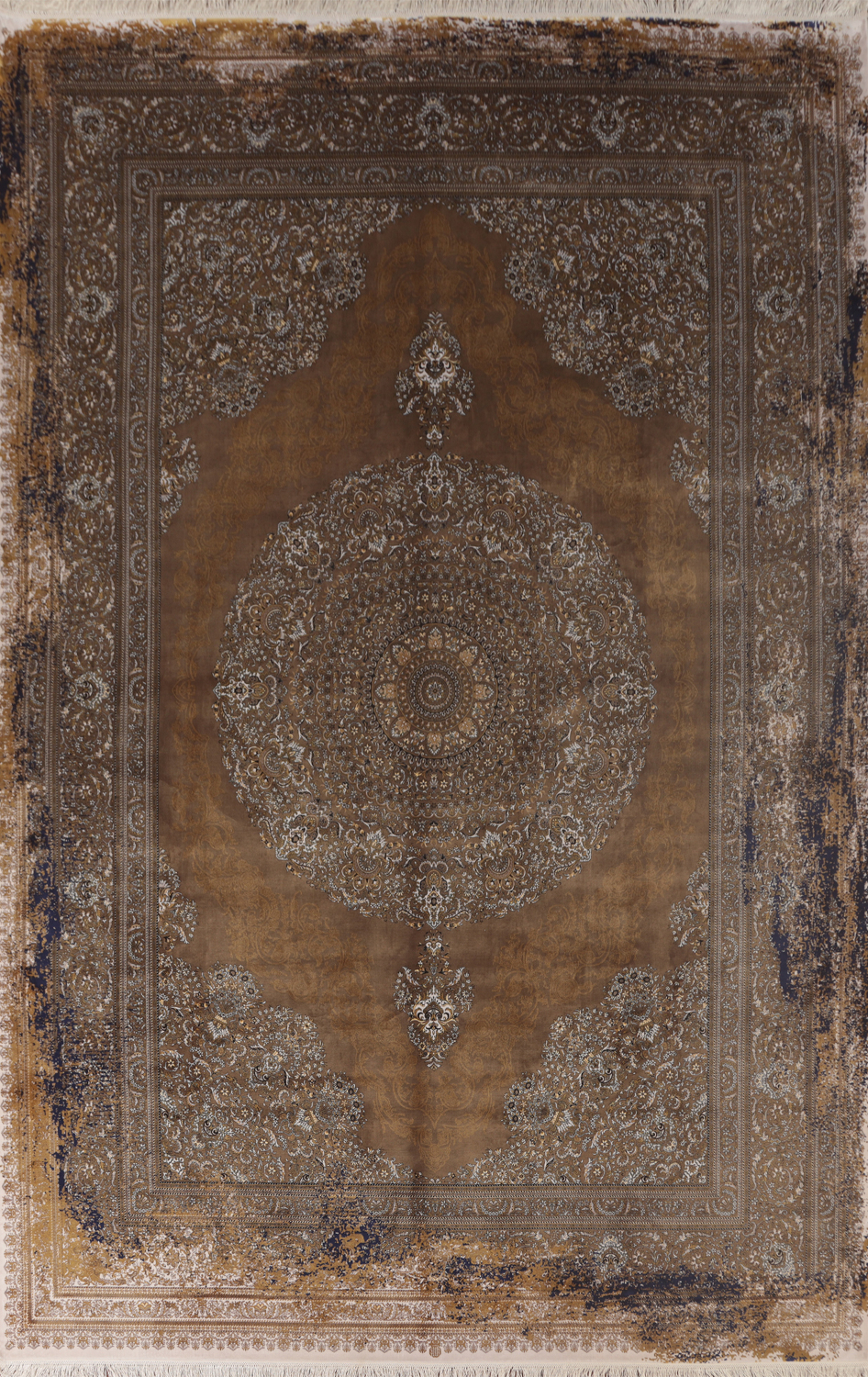 Rustic Brown Rug Featuring Ornate Borders 8x11