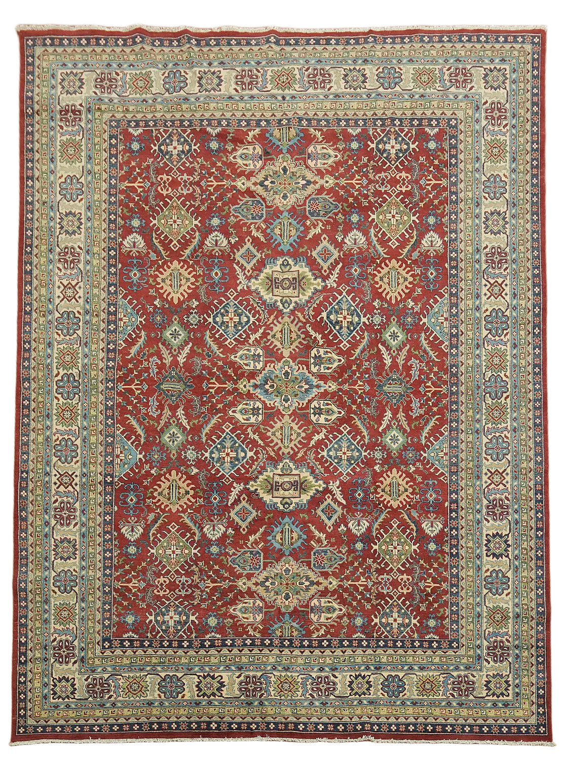 Traditional Geometric Red and Blue Kazak Pakistani Wool Rug 10x13 ft