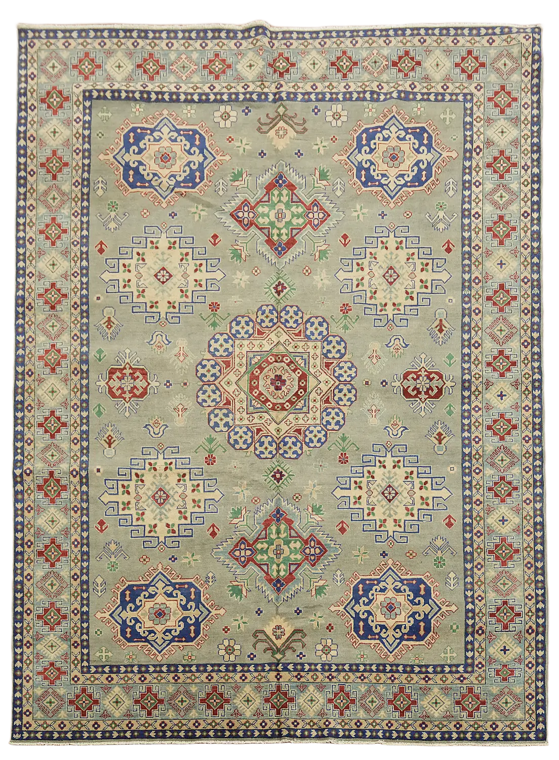 Elegant Traditional Grey Kazak Wool Rug with Intricate Patterns 9x12