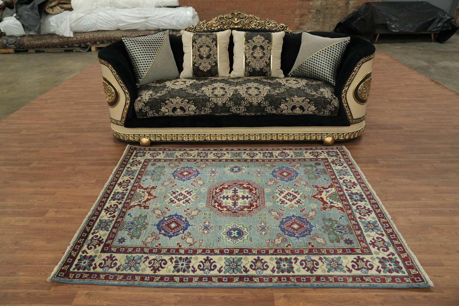 Blue Geometric Kazak Oriental Rug 5x7