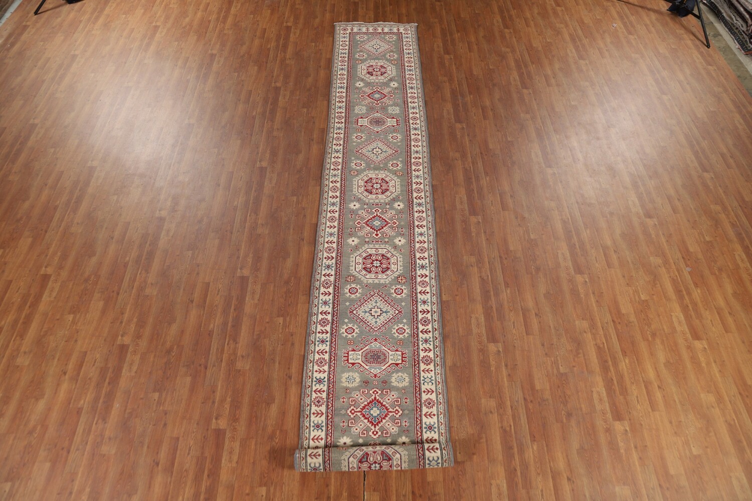 Geometric Kazak Oriental Runner Rug 3x16