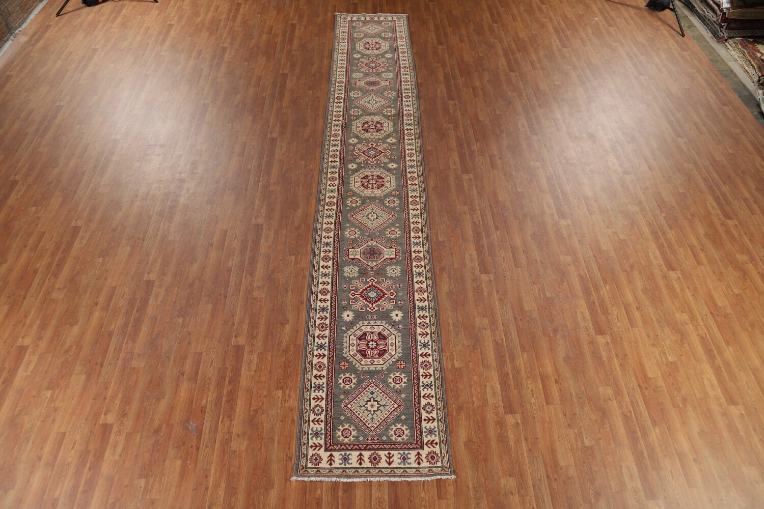 Geometric Kazak Oriental Runner Rug 3x16