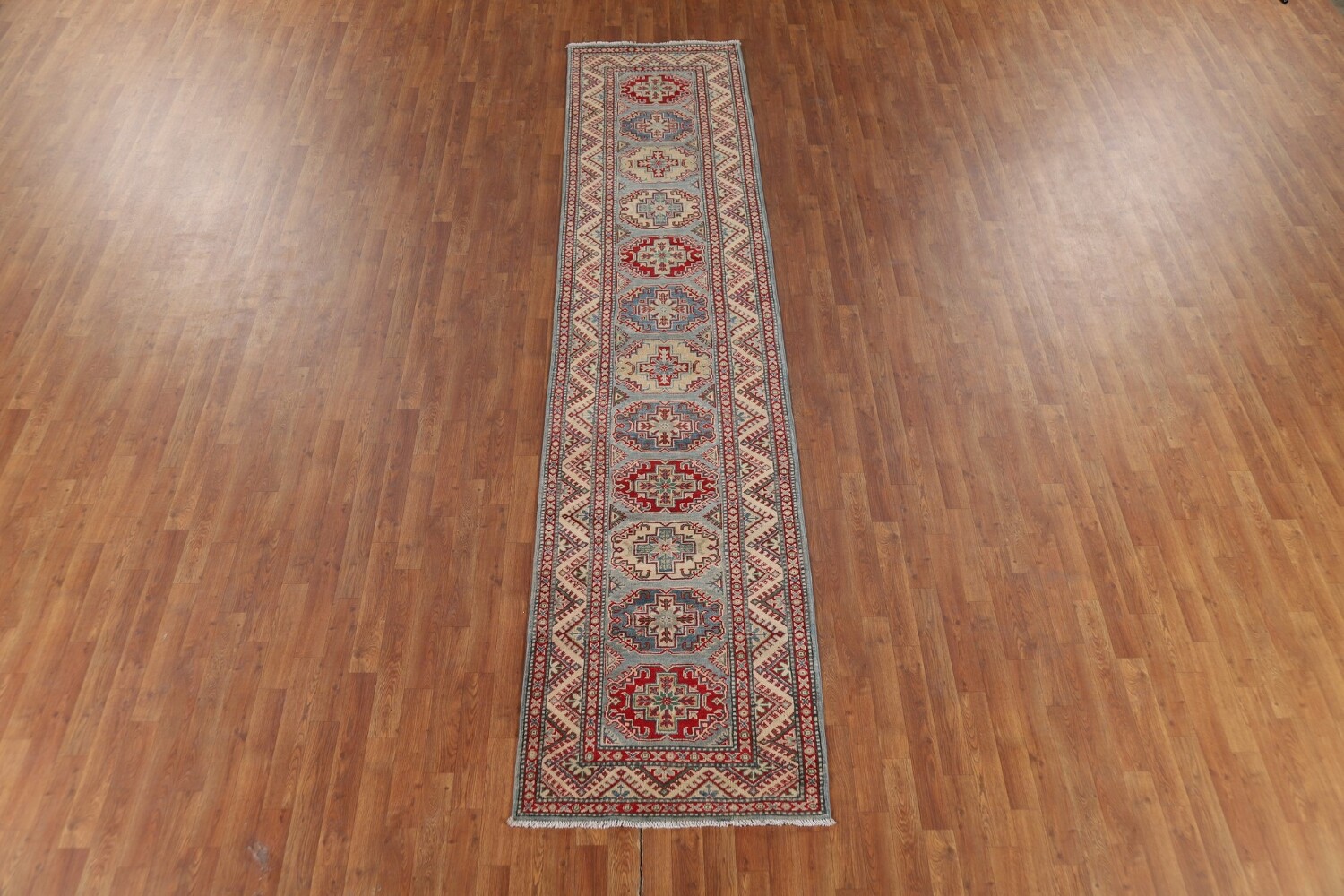 Light Blue Kazak Oriental Runner Rug 3x12