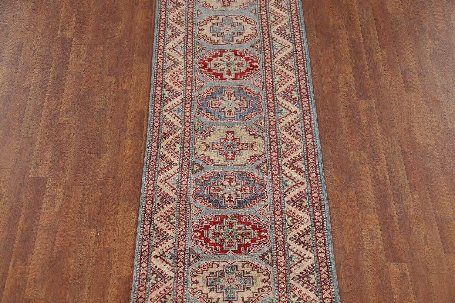 Light Blue Kazak Oriental Runner Rug 3x12