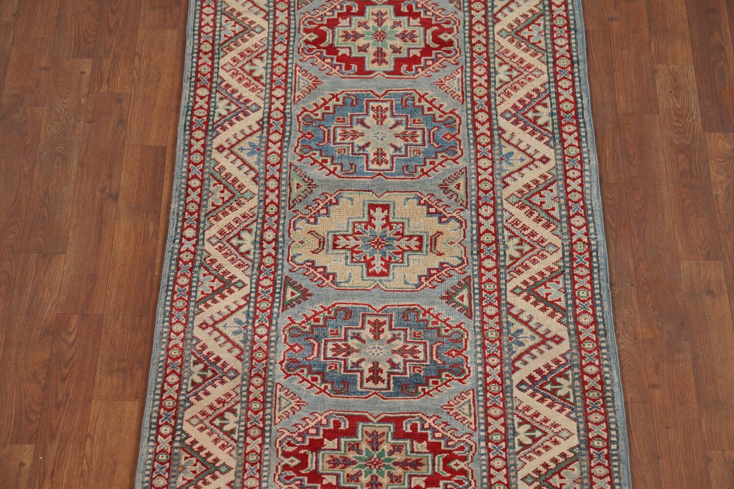 Light Blue Kazak Oriental Runner Rug 3x12