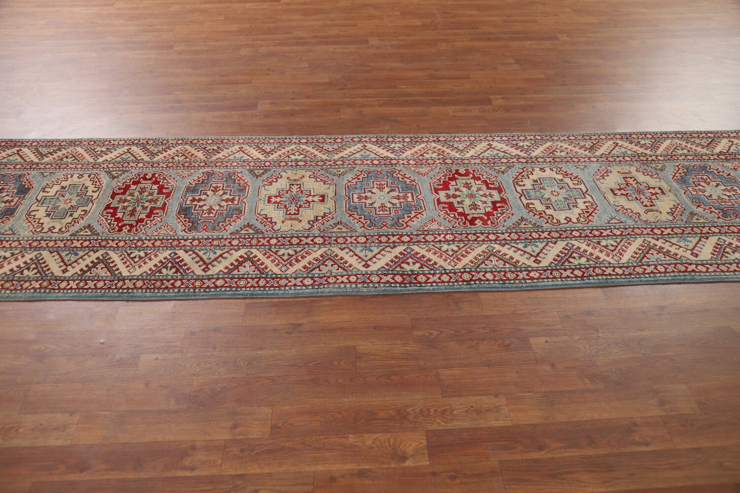 Light Blue Kazak Oriental Runner Rug 3x12