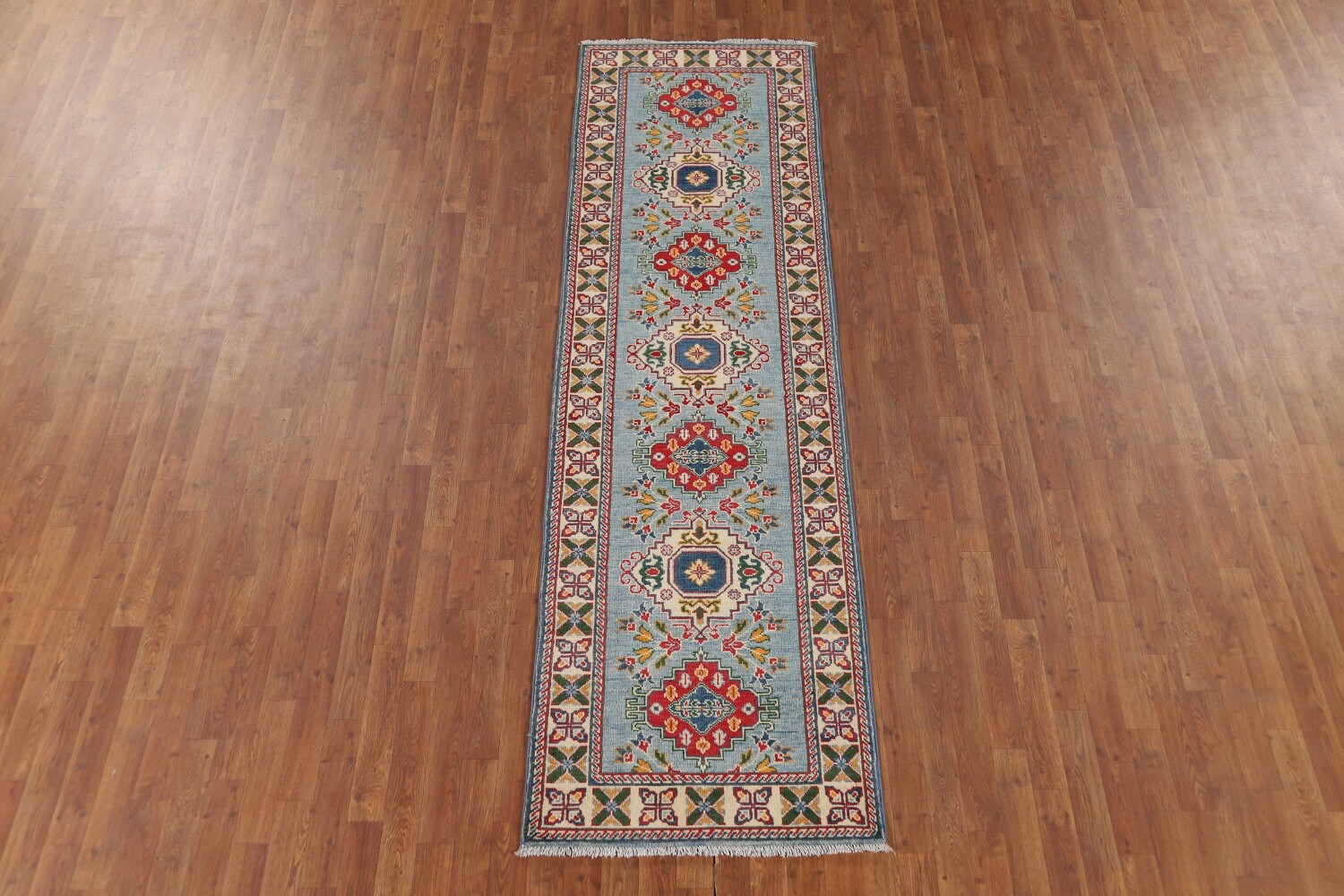 Light Blue Kazak Oriental Runner Rug 3x10