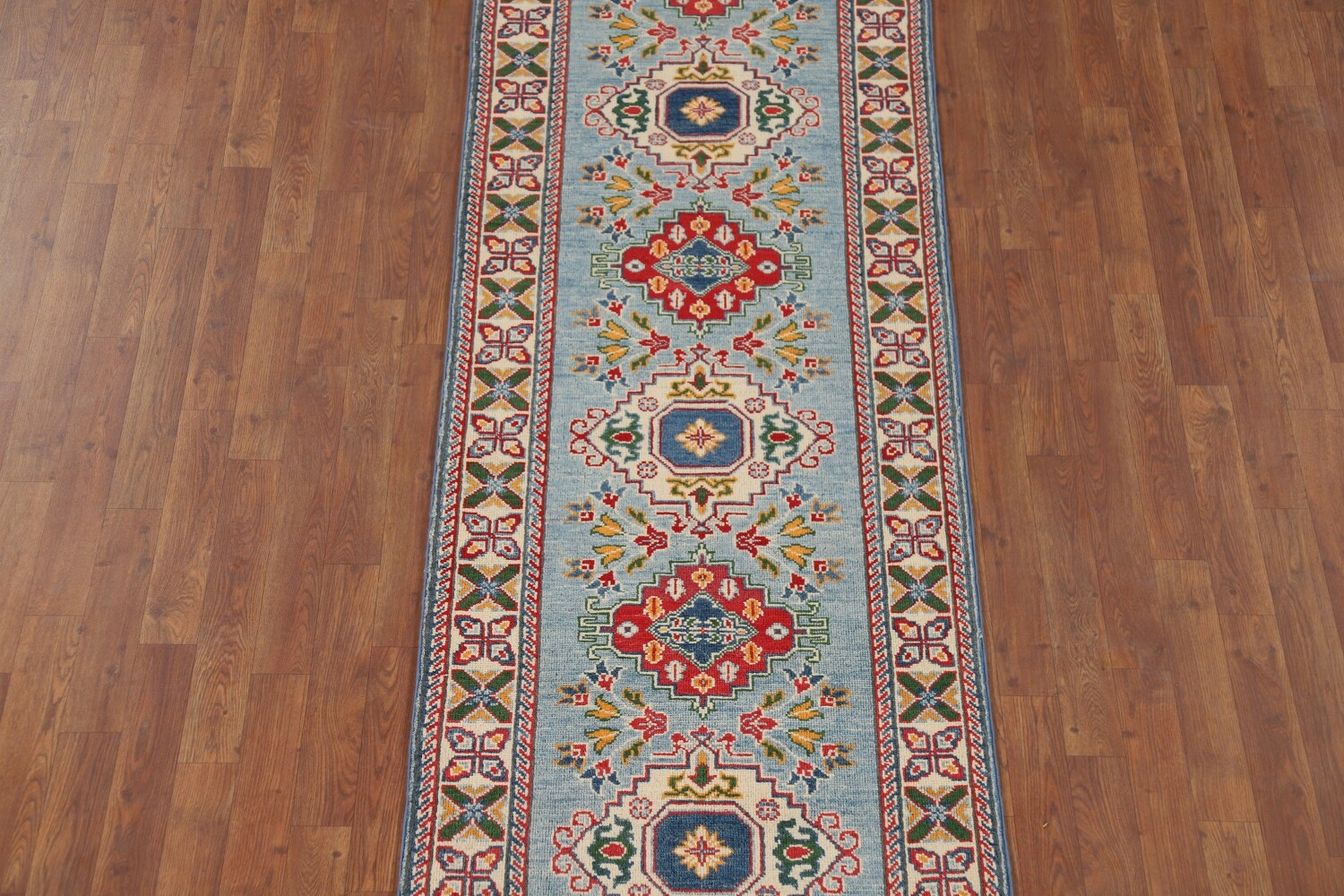 Light Blue Kazak Oriental Runner Rug 3x10