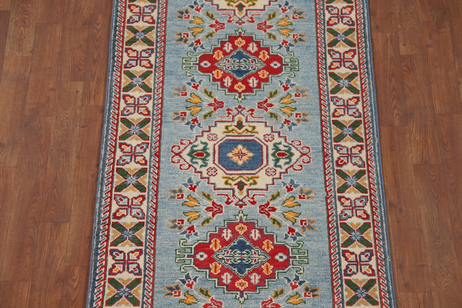 Light Blue Kazak Oriental Runner Rug 3x10