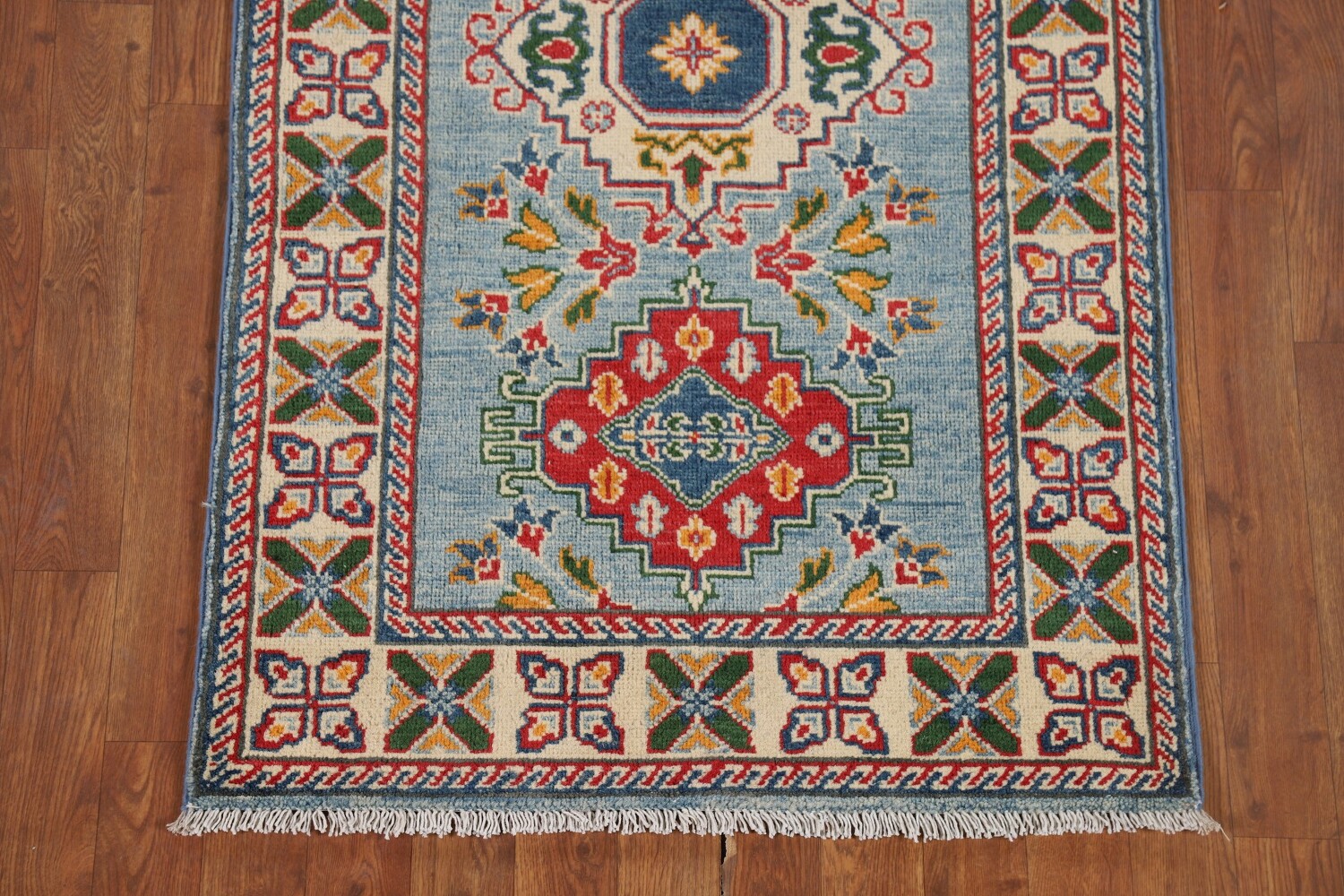 Light Blue Kazak Oriental Runner Rug 3x10