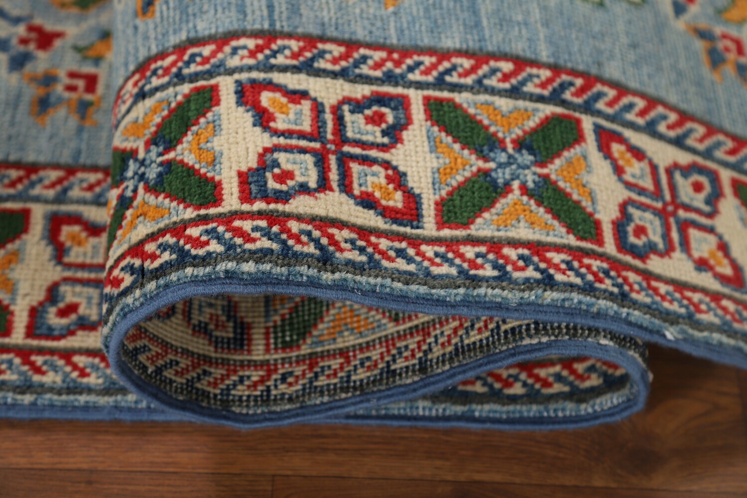 Light Blue Kazak Oriental Runner Rug 3x10