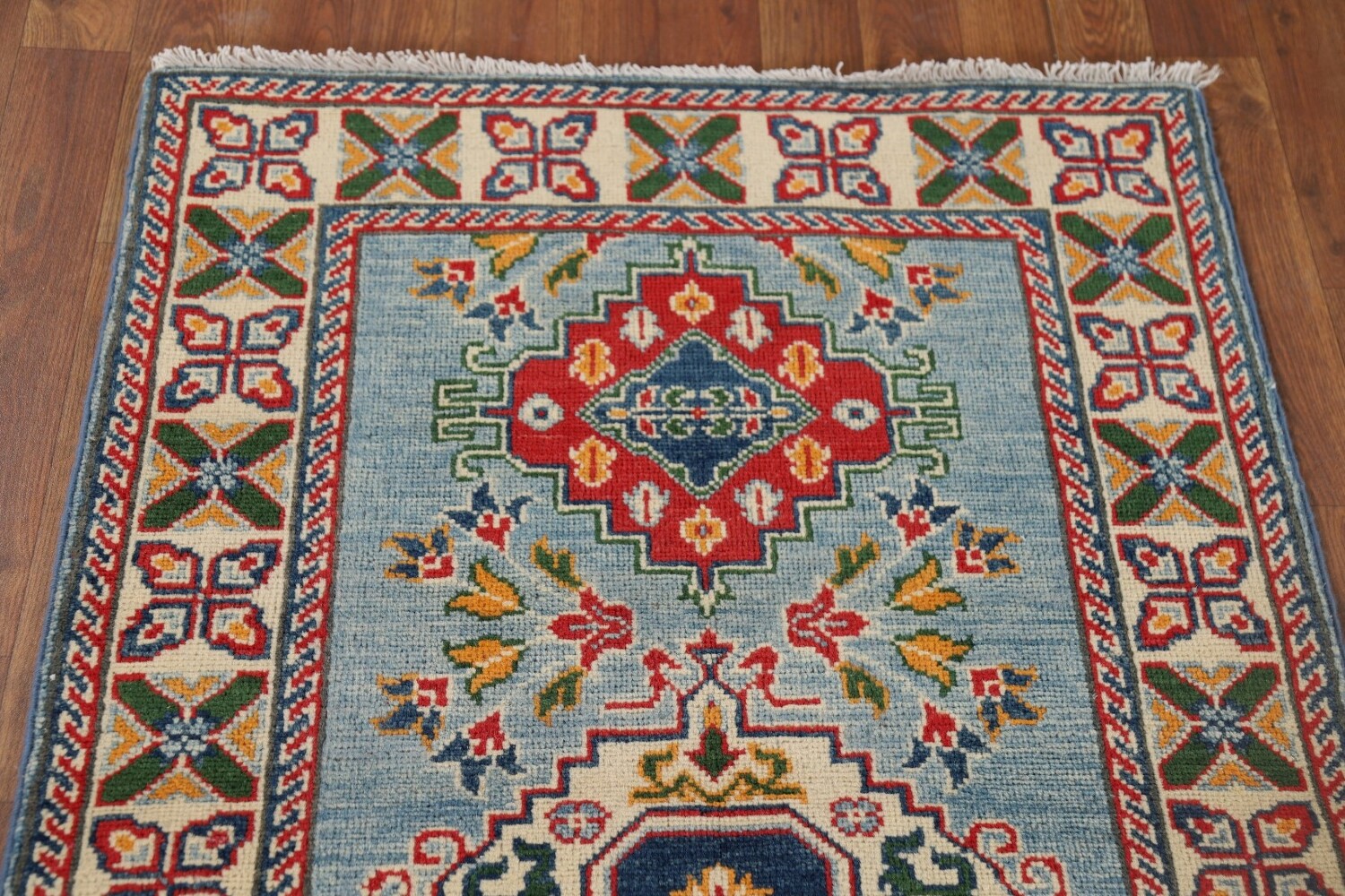 Light Blue Kazak Oriental Runner Rug 3x10