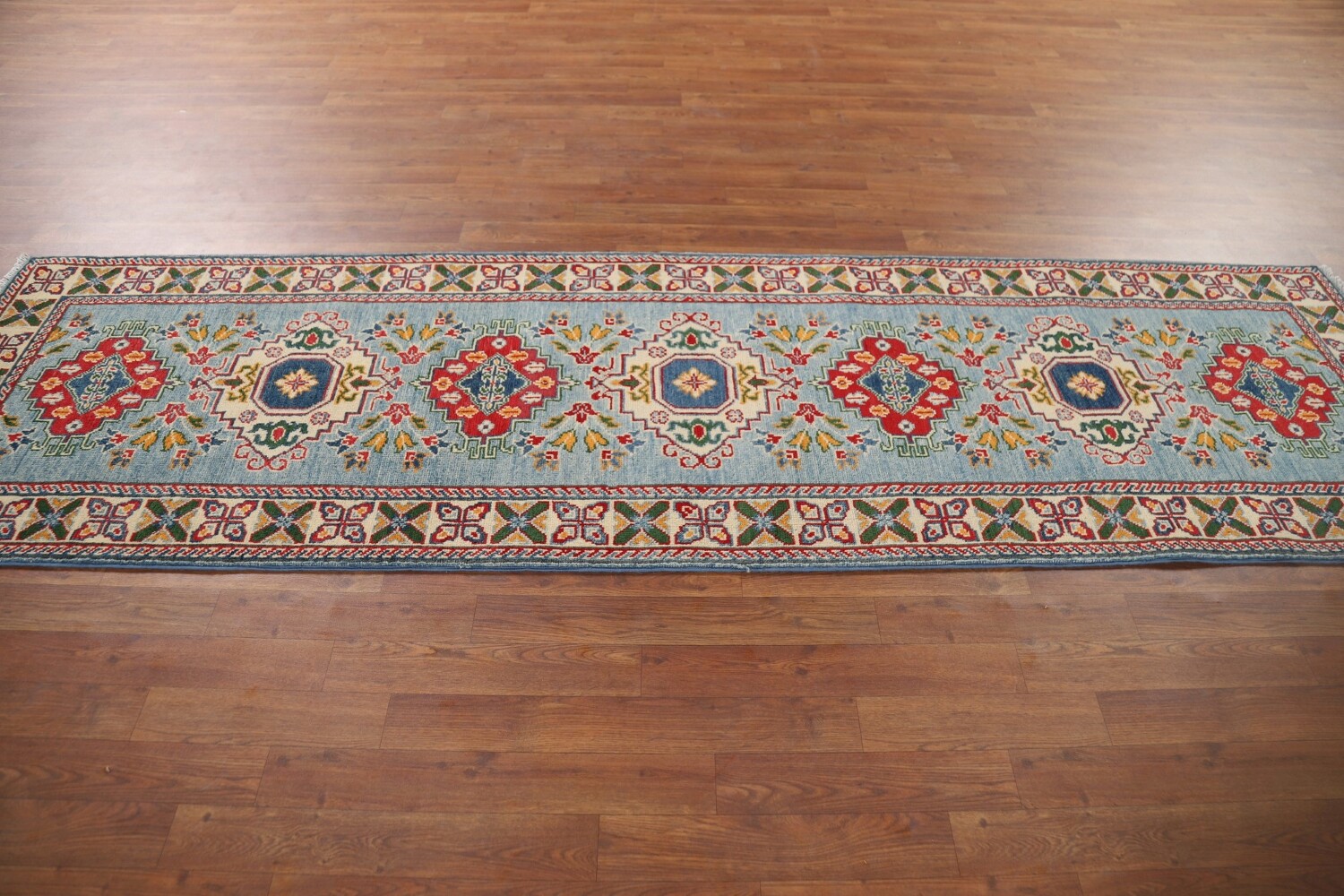 Light Blue Kazak Oriental Runner Rug 3x10