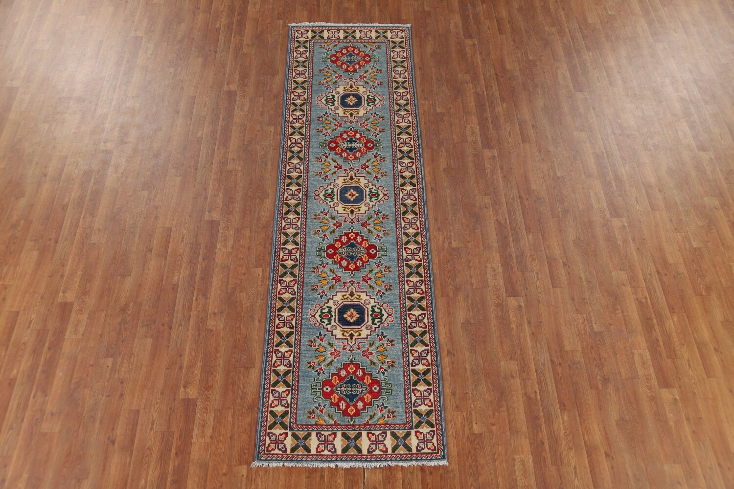 Light Blue Kazak Oriental Runner Rug 3x10