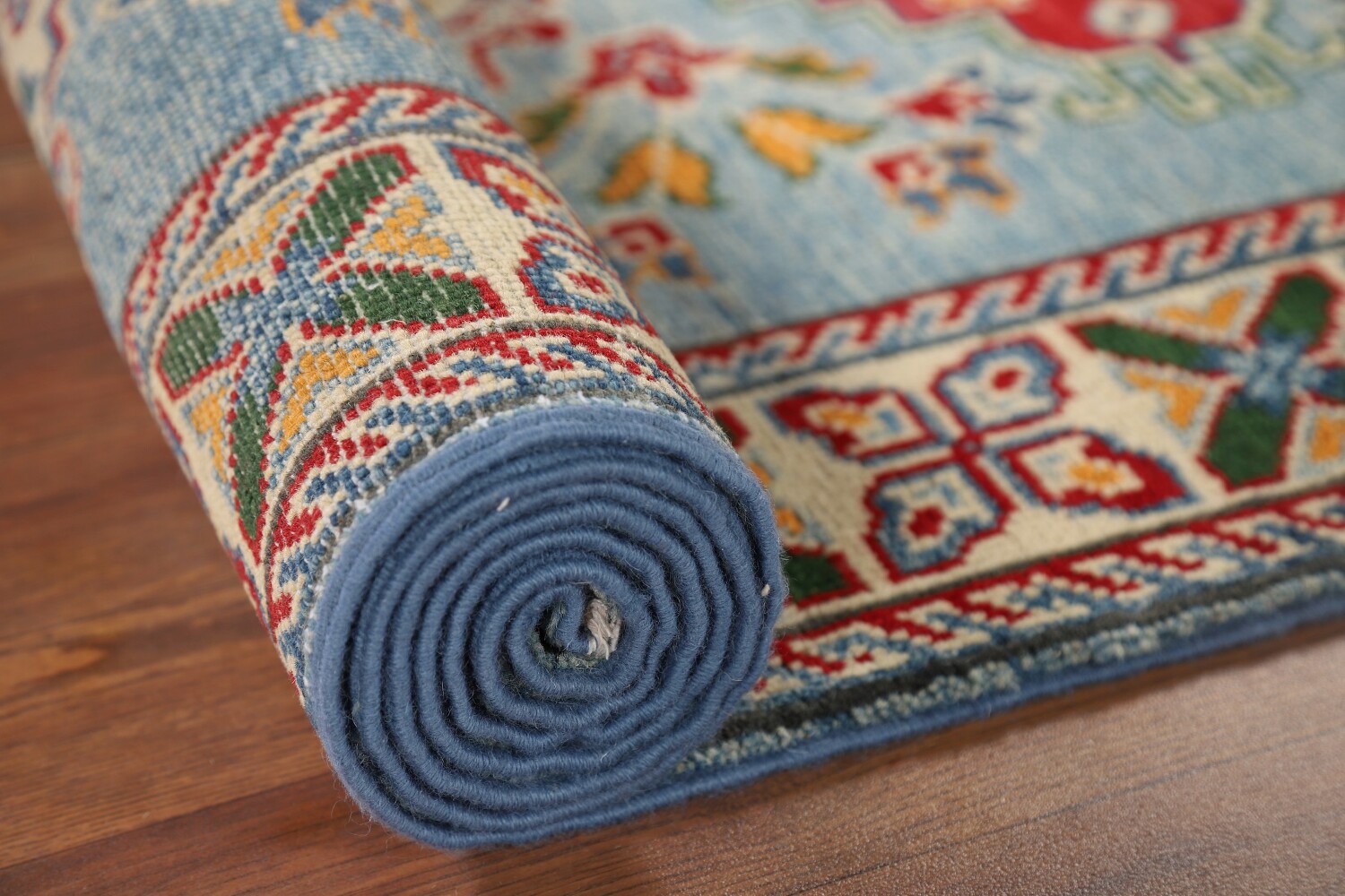 Light Blue Kazak Oriental Runner Rug 3x10
