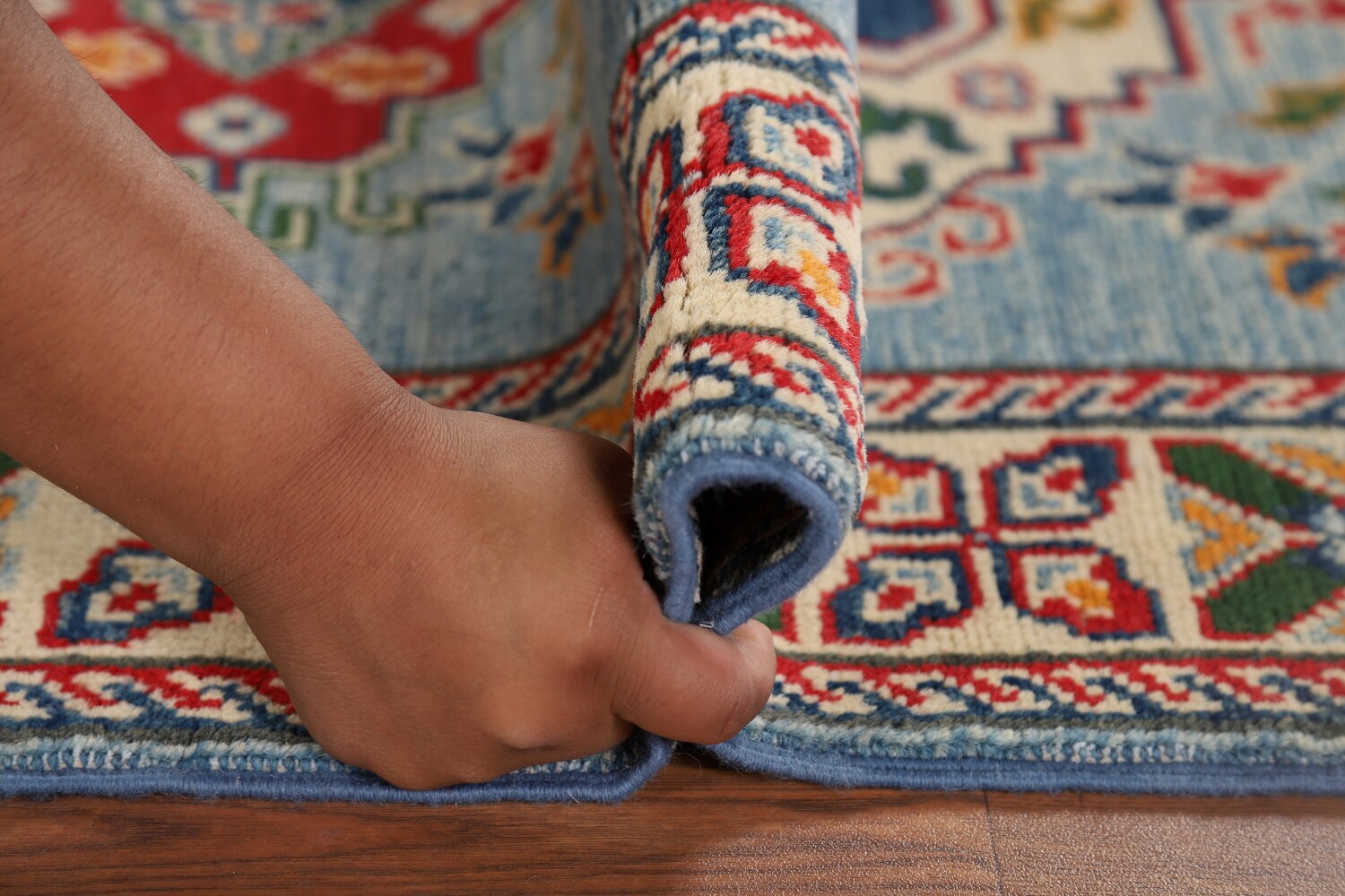 Light Blue Kazak Oriental Runner Rug 3x10