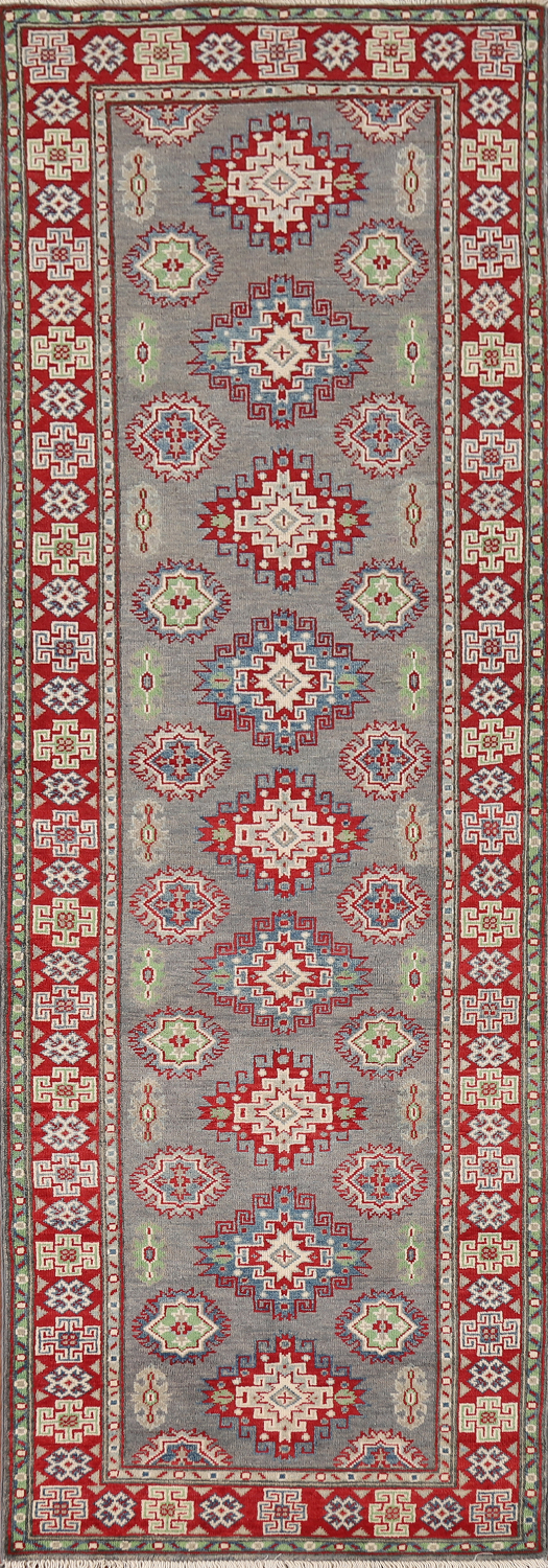 Gray Geometric Kazak Oriental Runner Rug 3x10