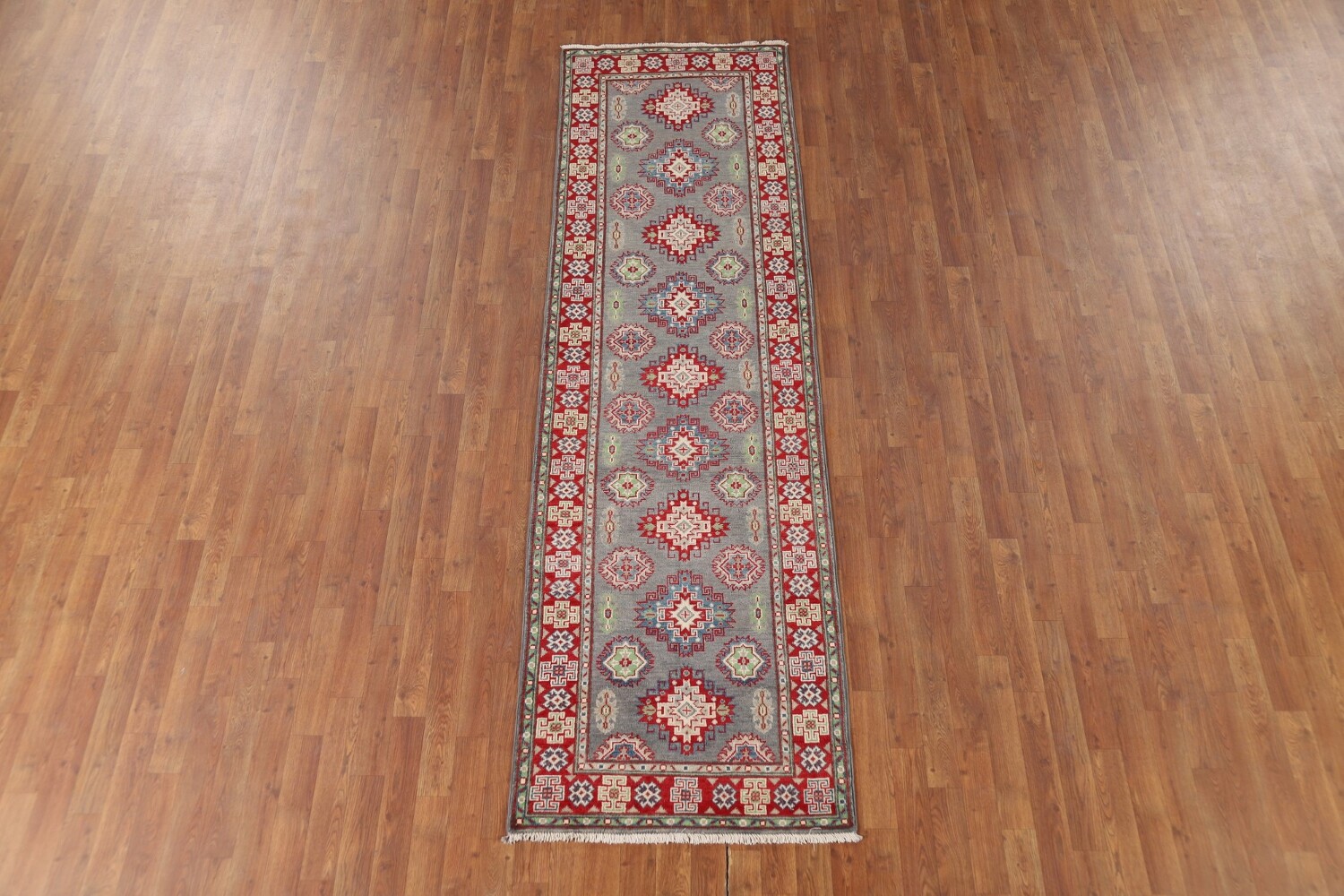 Gray Geometric Kazak Oriental Runner Rug 3x10