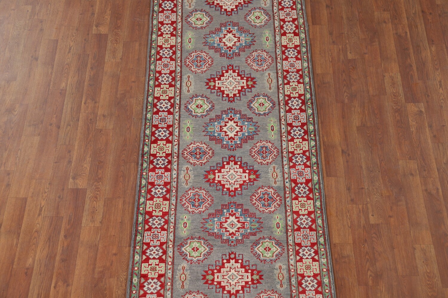Gray Geometric Kazak Oriental Runner Rug 3x10