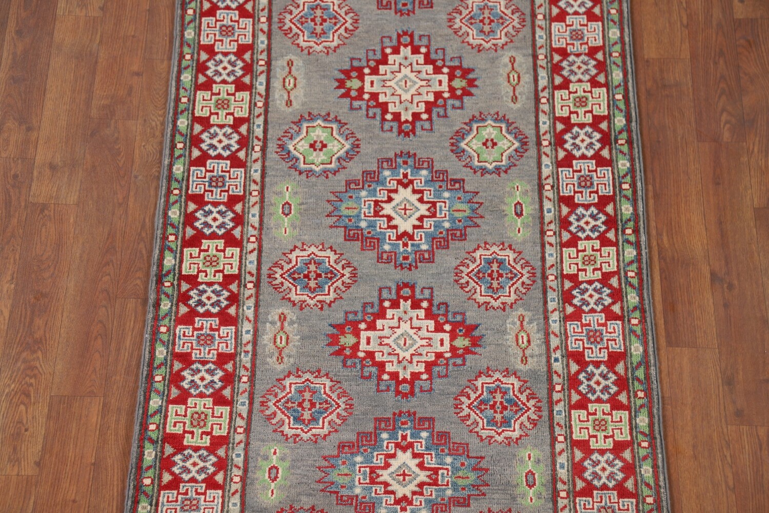 Gray Geometric Kazak Oriental Runner Rug 3x10