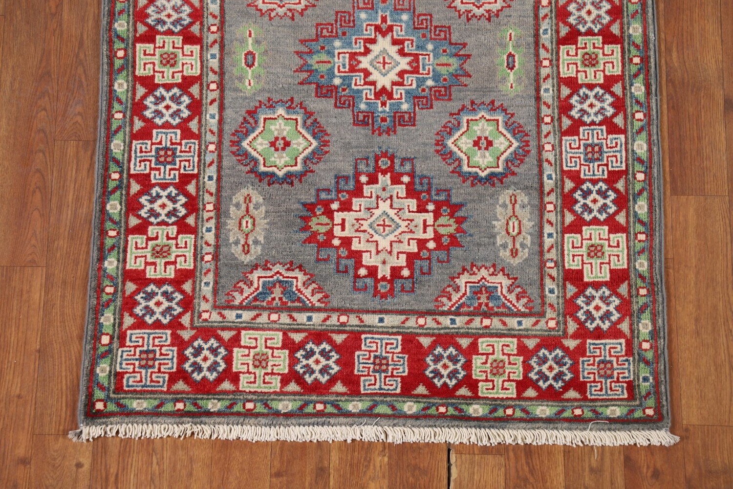 Gray Geometric Kazak Oriental Runner Rug 3x10