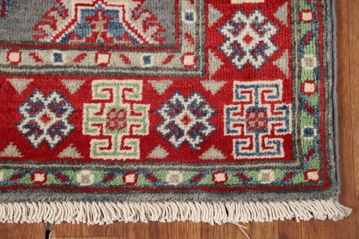 Gray Geometric Kazak Oriental Runner Rug 3x10