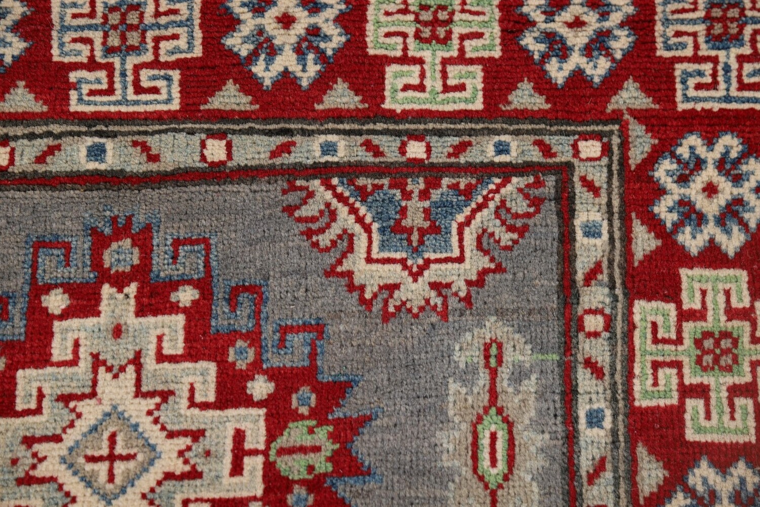Gray Geometric Kazak Oriental Runner Rug 3x10