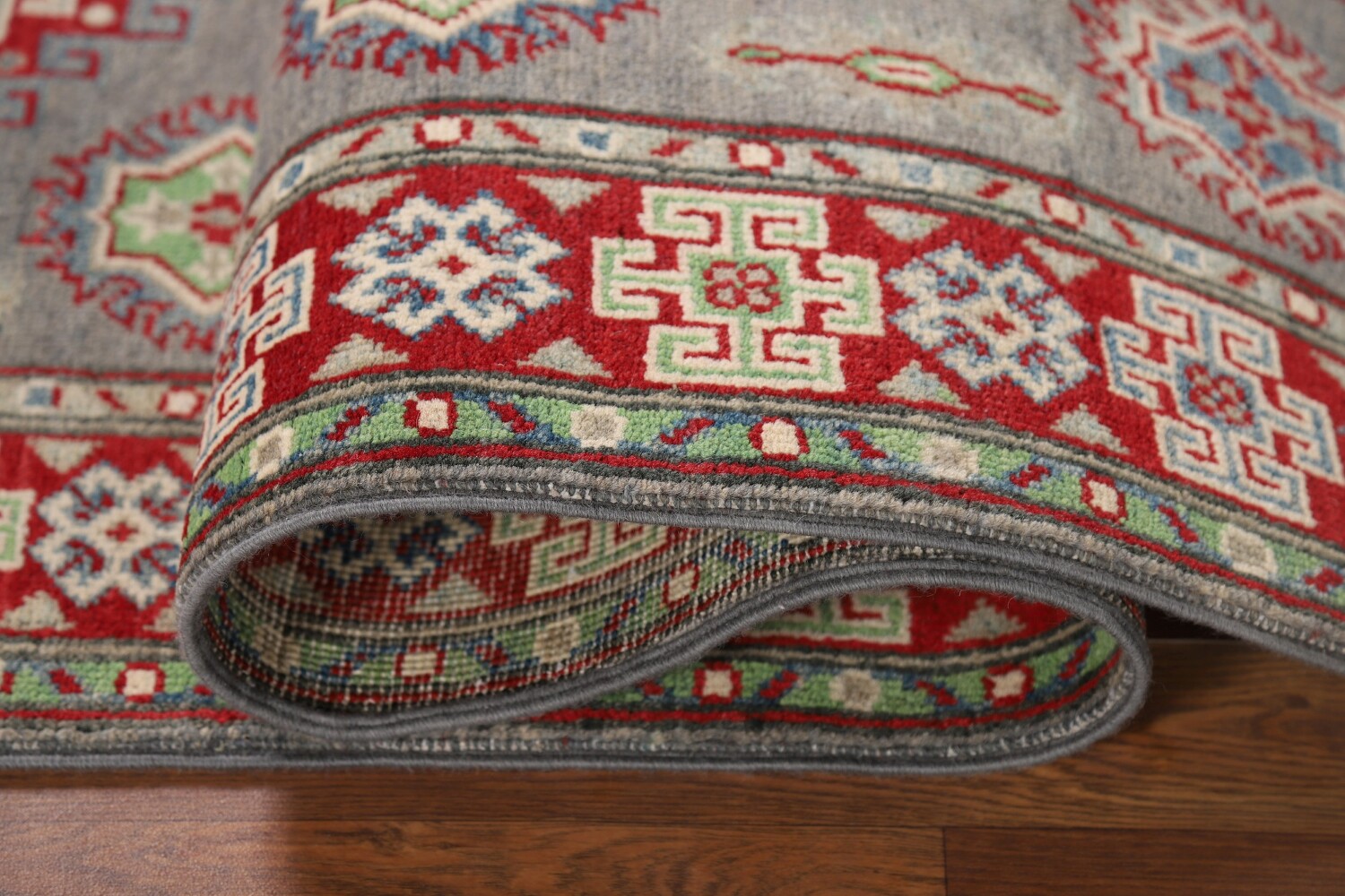 Gray Geometric Kazak Oriental Runner Rug 3x10