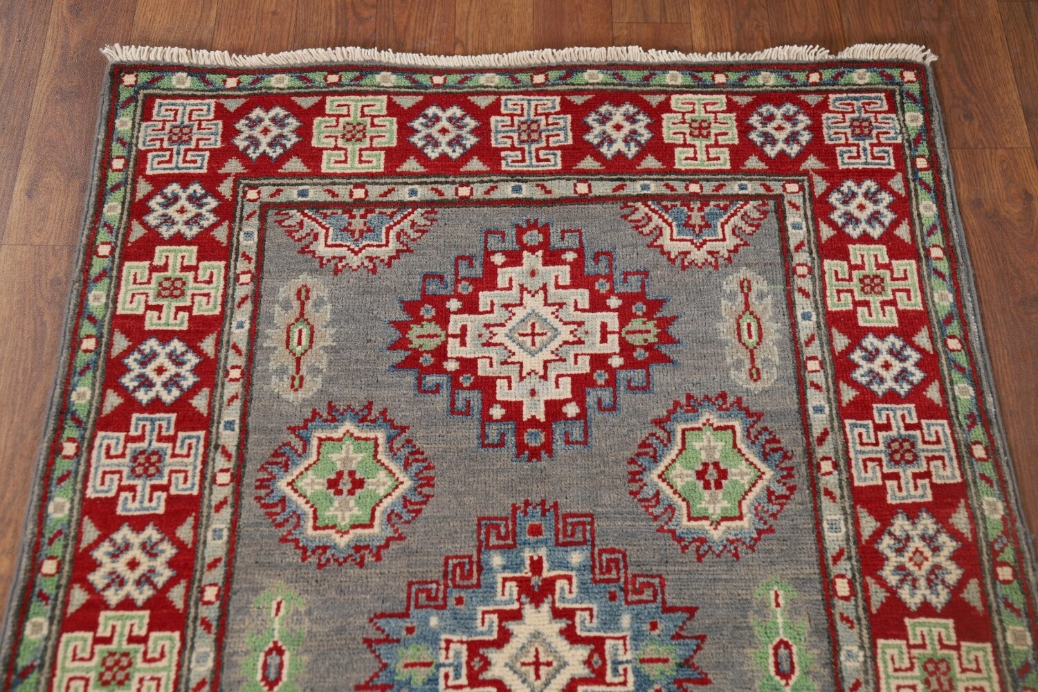 Gray Geometric Kazak Oriental Runner Rug 3x10