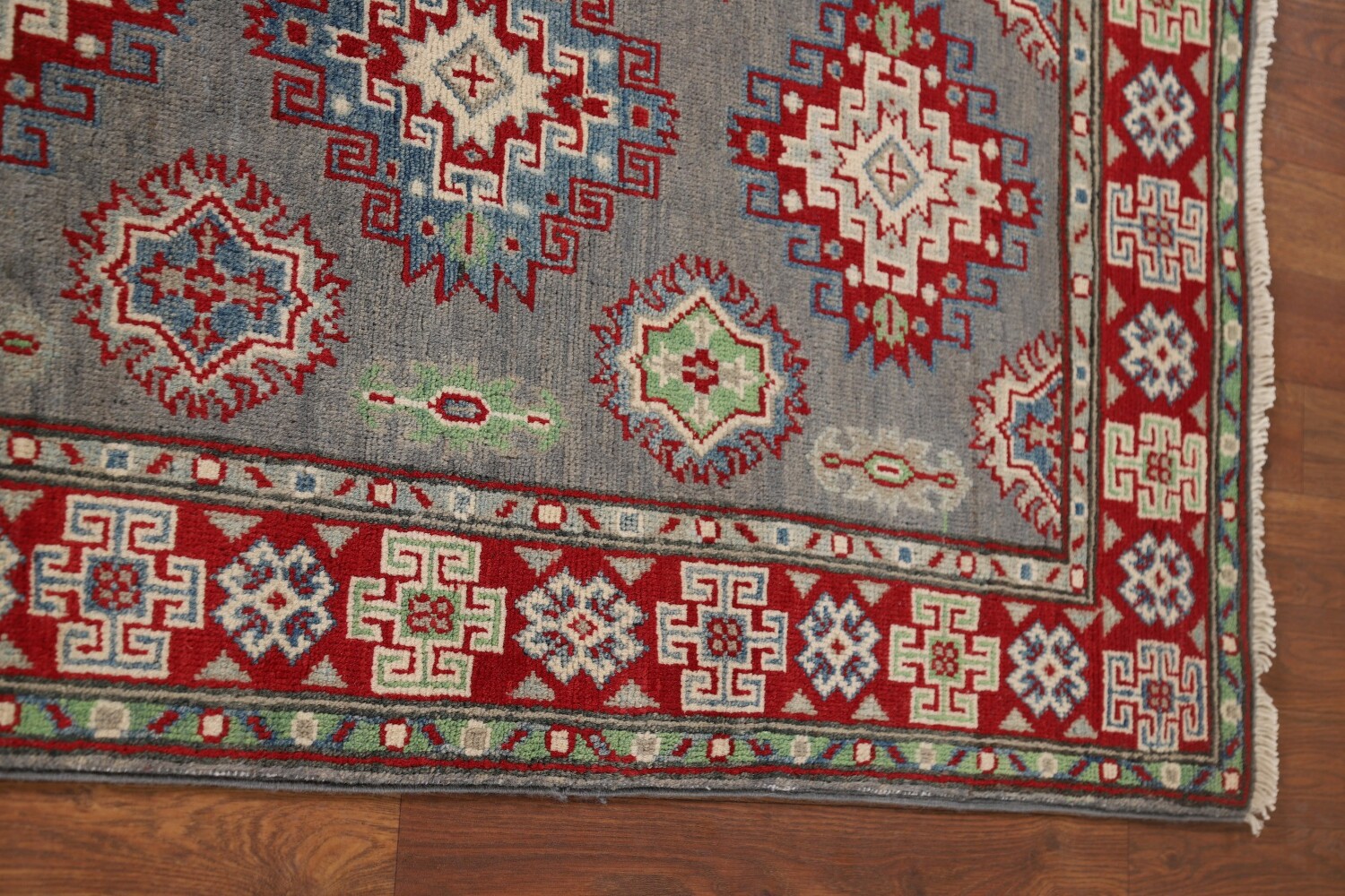 Gray Geometric Kazak Oriental Runner Rug 3x10