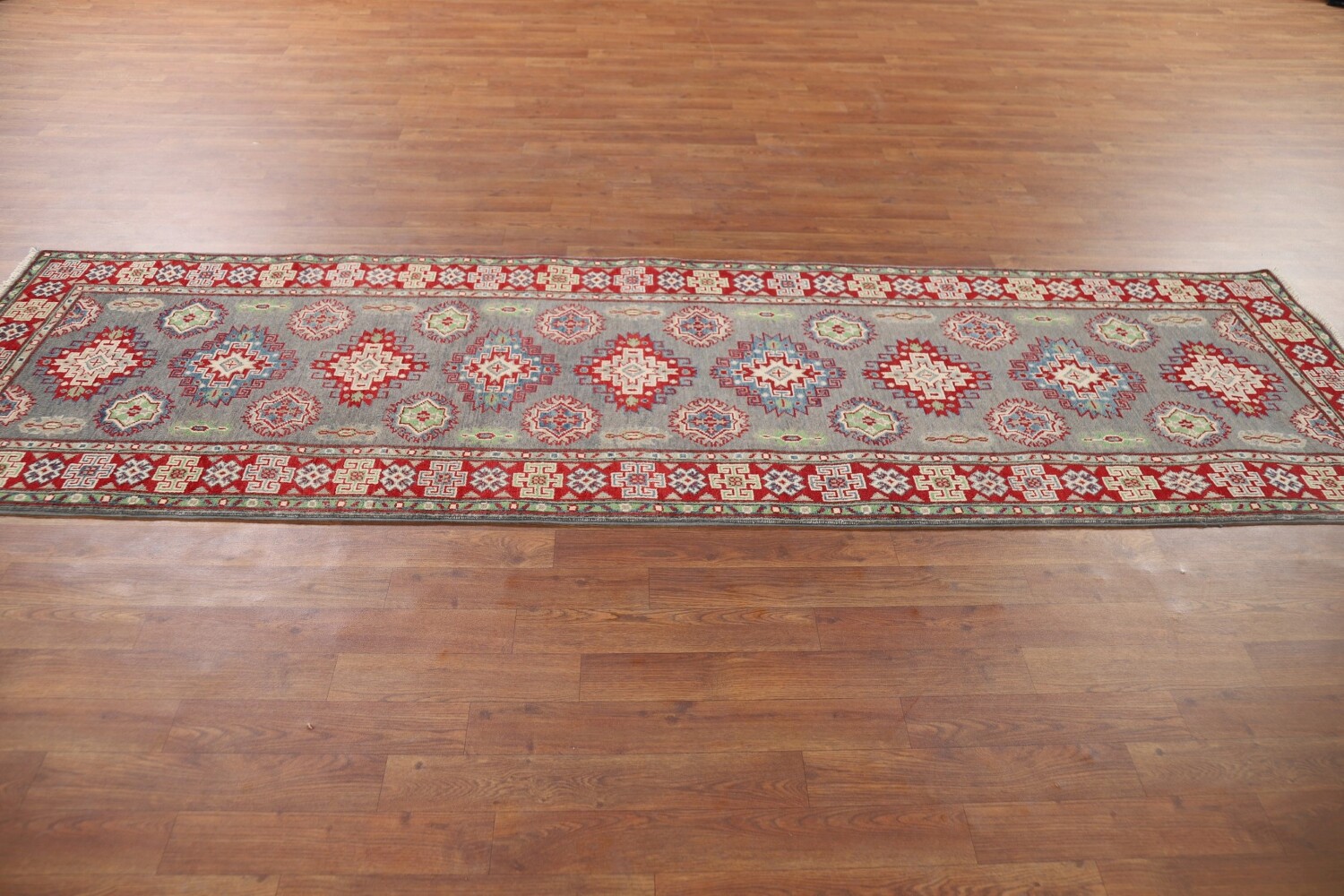 Gray Geometric Kazak Oriental Runner Rug 3x10