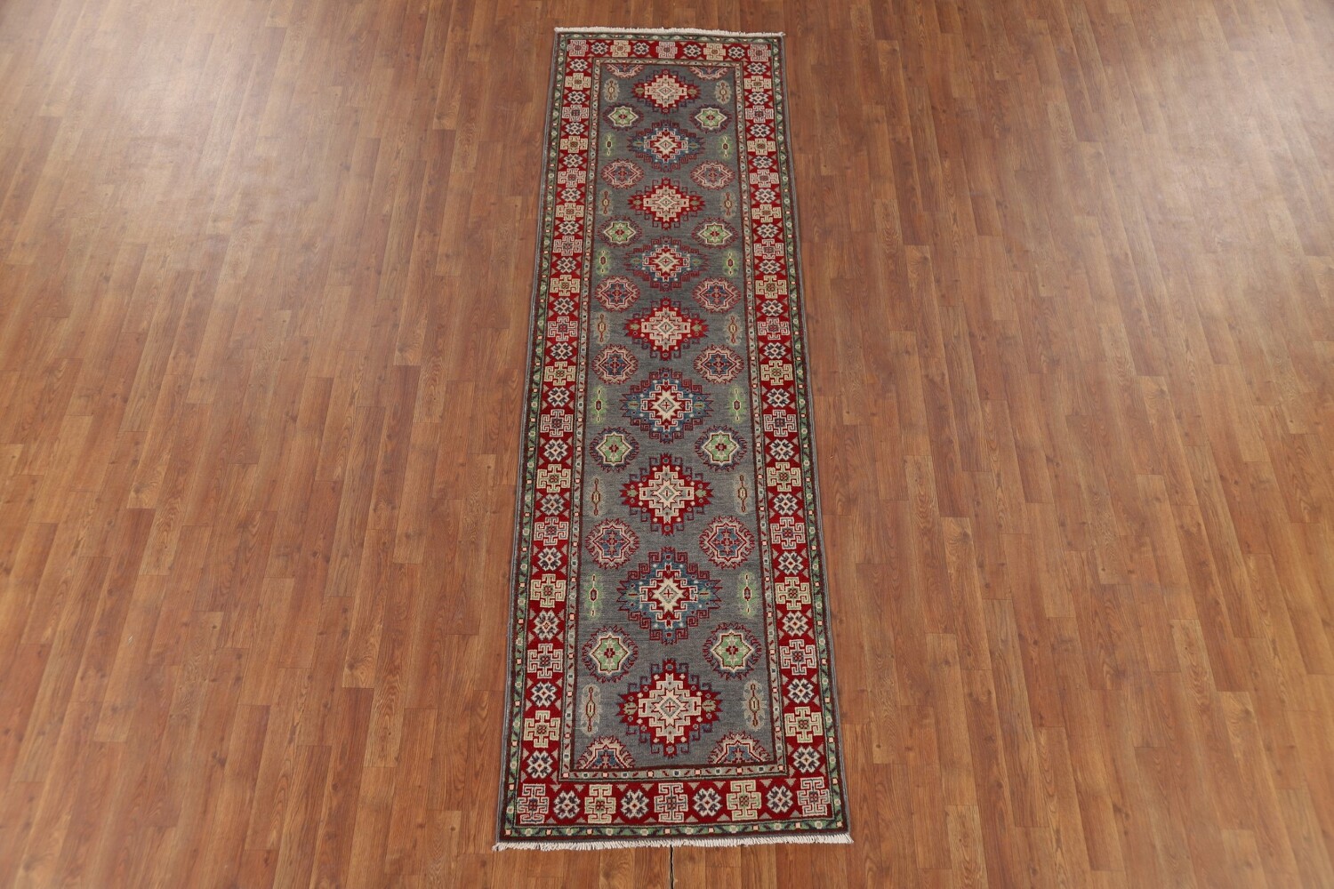 Gray Geometric Kazak Oriental Runner Rug 3x10