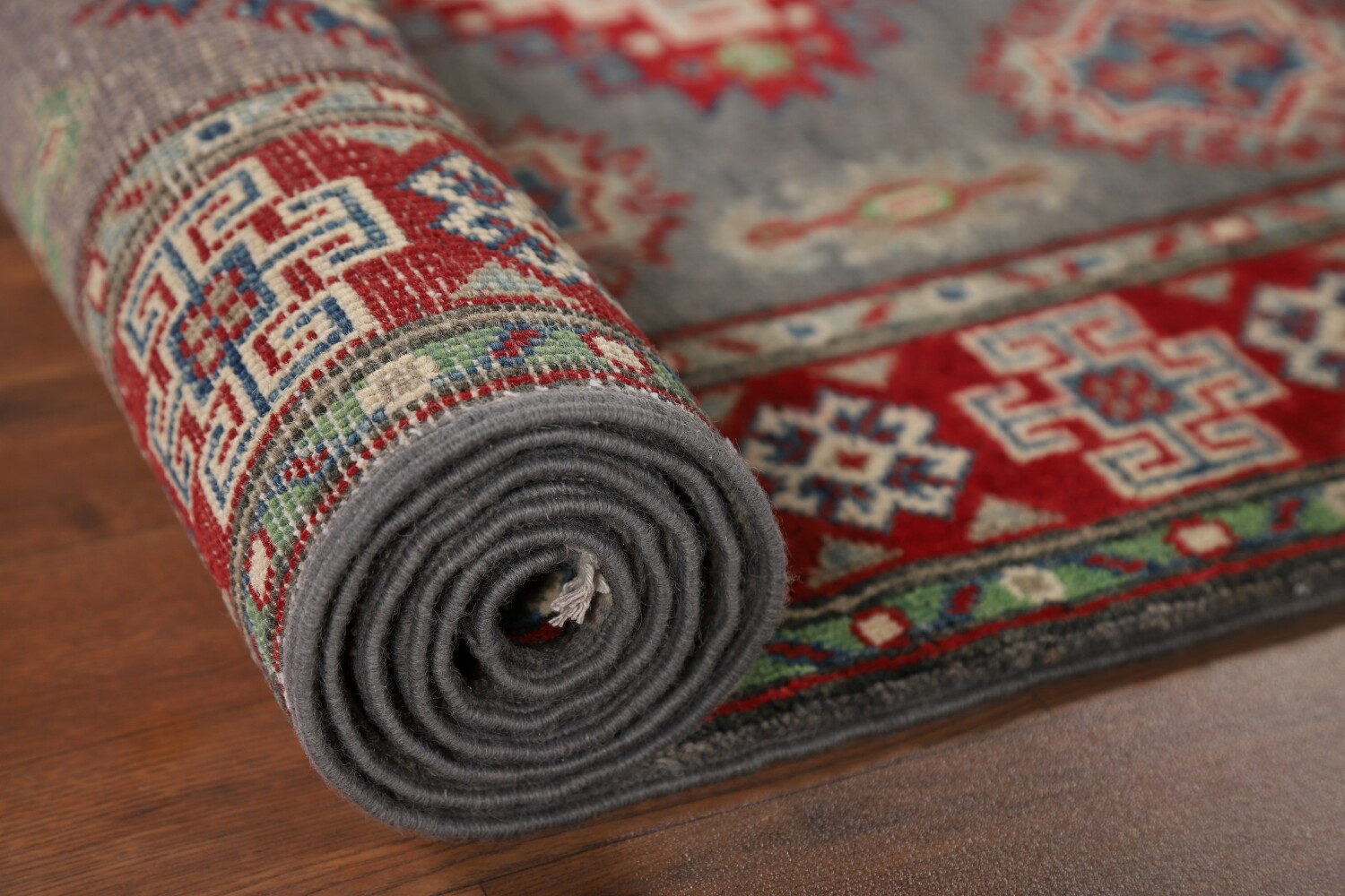 Gray Geometric Kazak Oriental Runner Rug 3x10