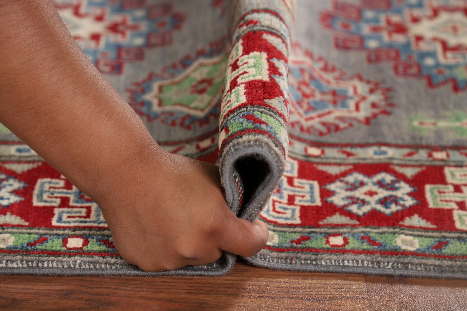 Gray Geometric Kazak Oriental Runner Rug 3x10