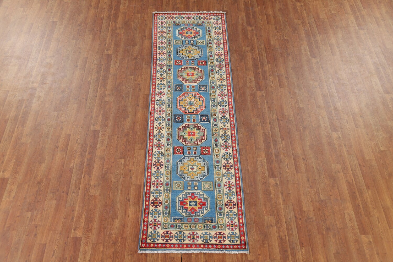 Handmade Blue Kazak Wool Runner Rug 3x9