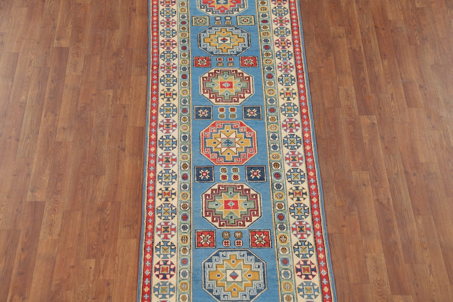 Handmade Blue Kazak Wool Runner Rug 3x9