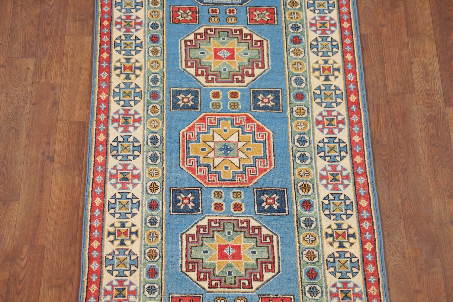 Handmade Blue Kazak Wool Runner Rug 3x9