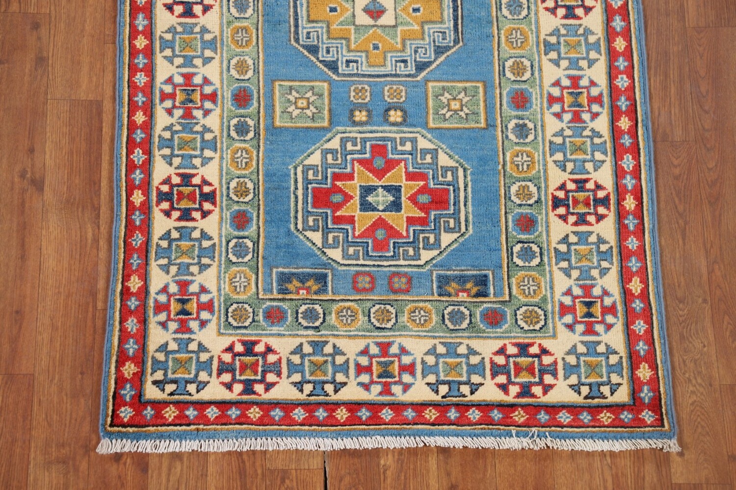 Handmade Blue Kazak Wool Runner Rug 3x9