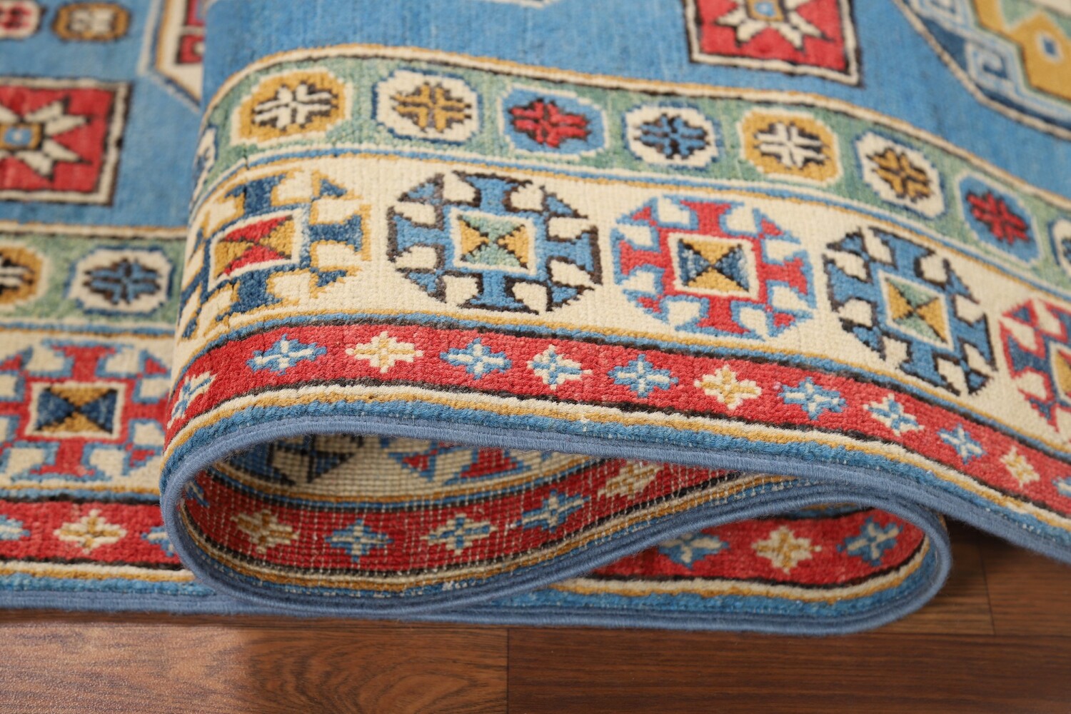 Handmade Blue Kazak Wool Runner Rug 3x9