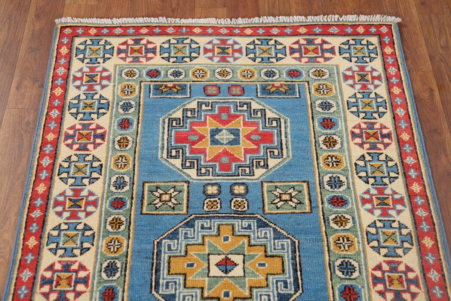 Handmade Blue Kazak Wool Runner Rug 3x9