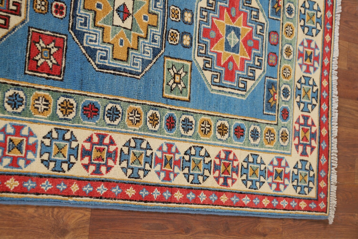 Handmade Blue Kazak Wool Runner Rug 3x9