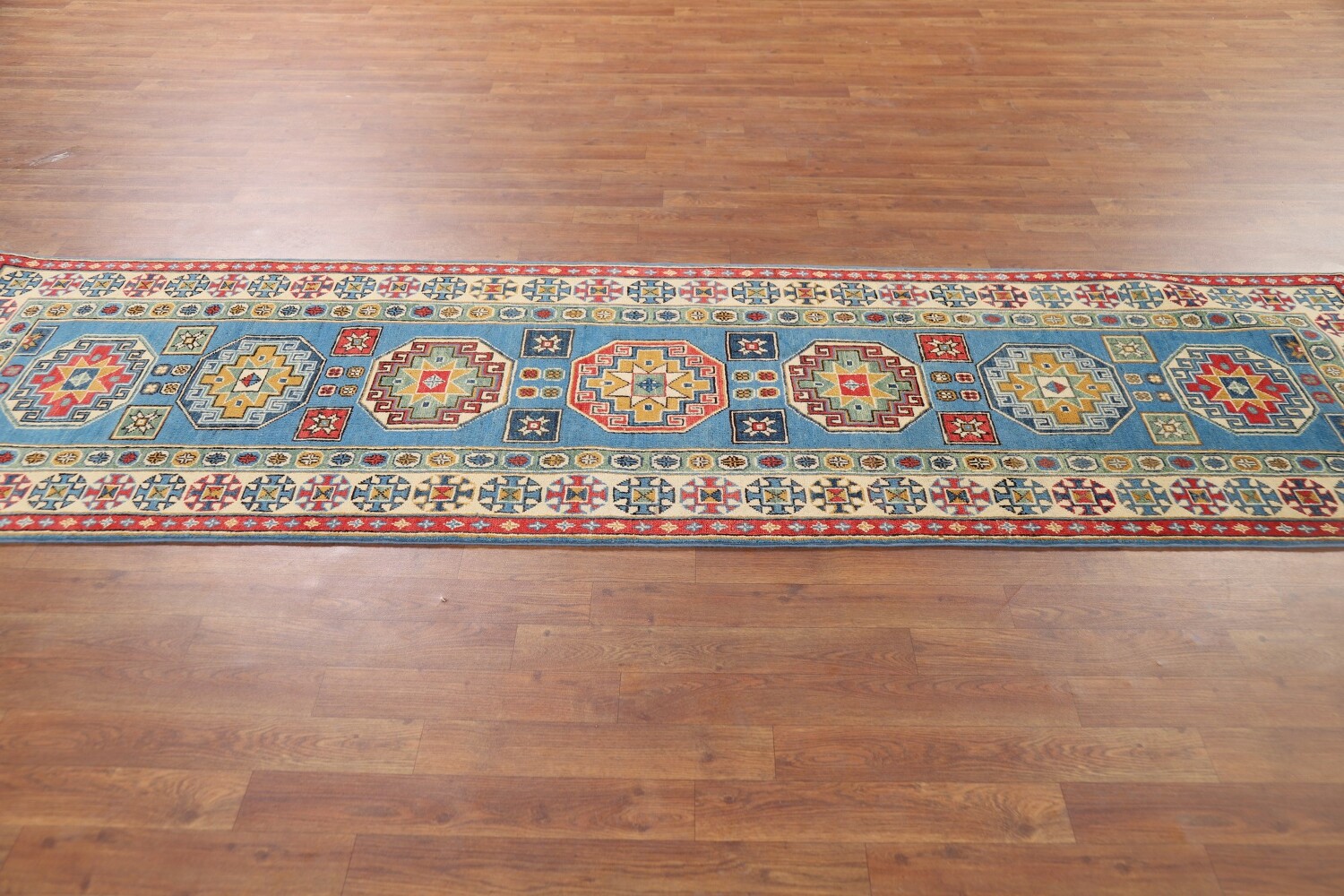 Handmade Blue Kazak Wool Runner Rug 3x9