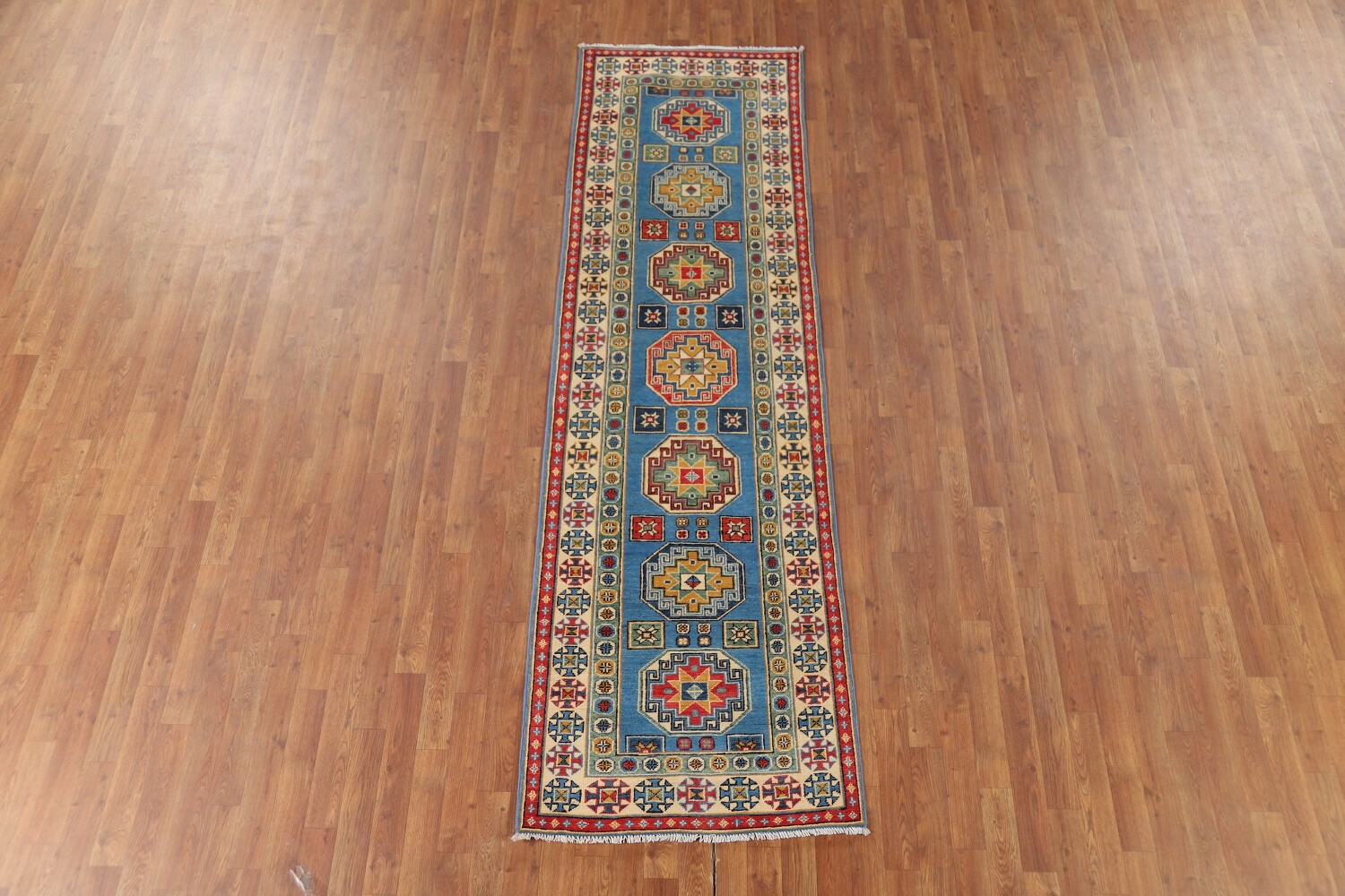 Handmade Blue Kazak Wool Runner Rug 3x9