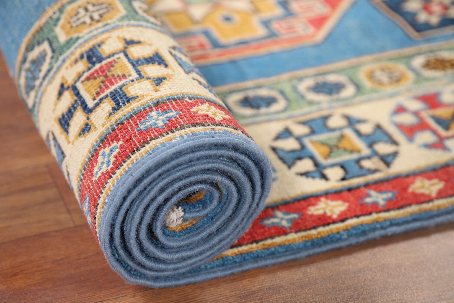 Handmade Blue Kazak Wool Runner Rug 3x9
