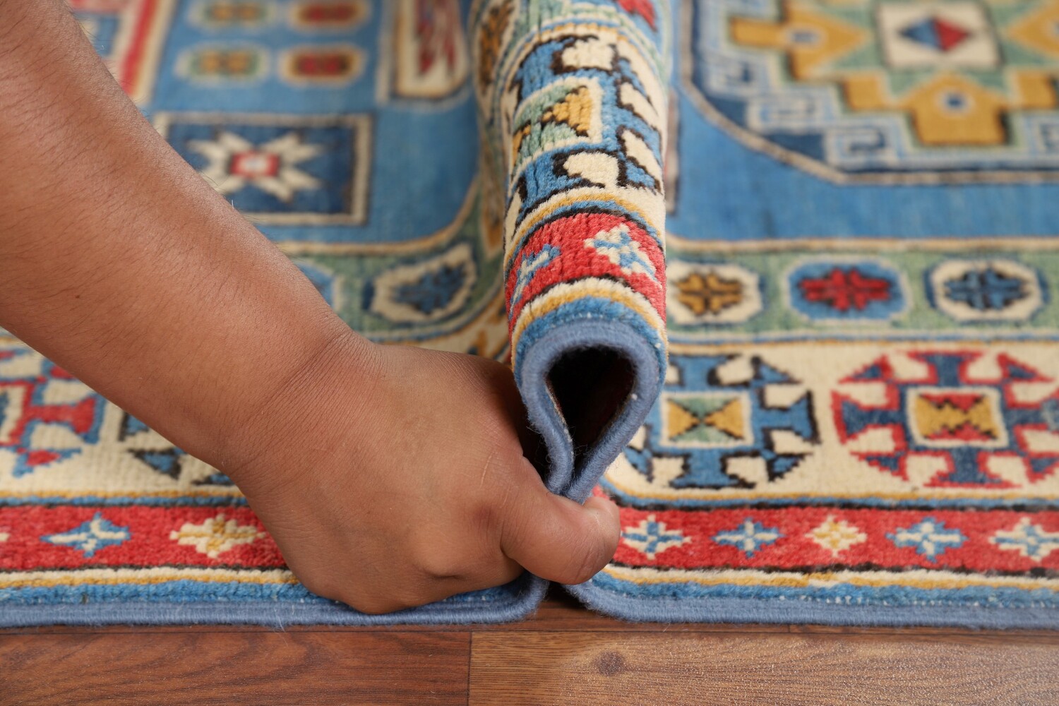 Handmade Blue Kazak Wool Runner Rug 3x9