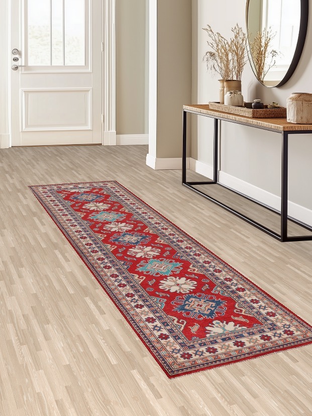 Red Handmade Kazak Oriental Runner Rug 3x10