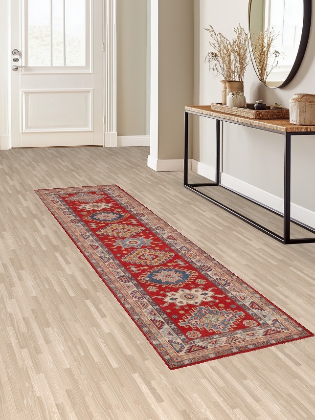 Geometric Red Kazak Oriental Runner Rug 3x9