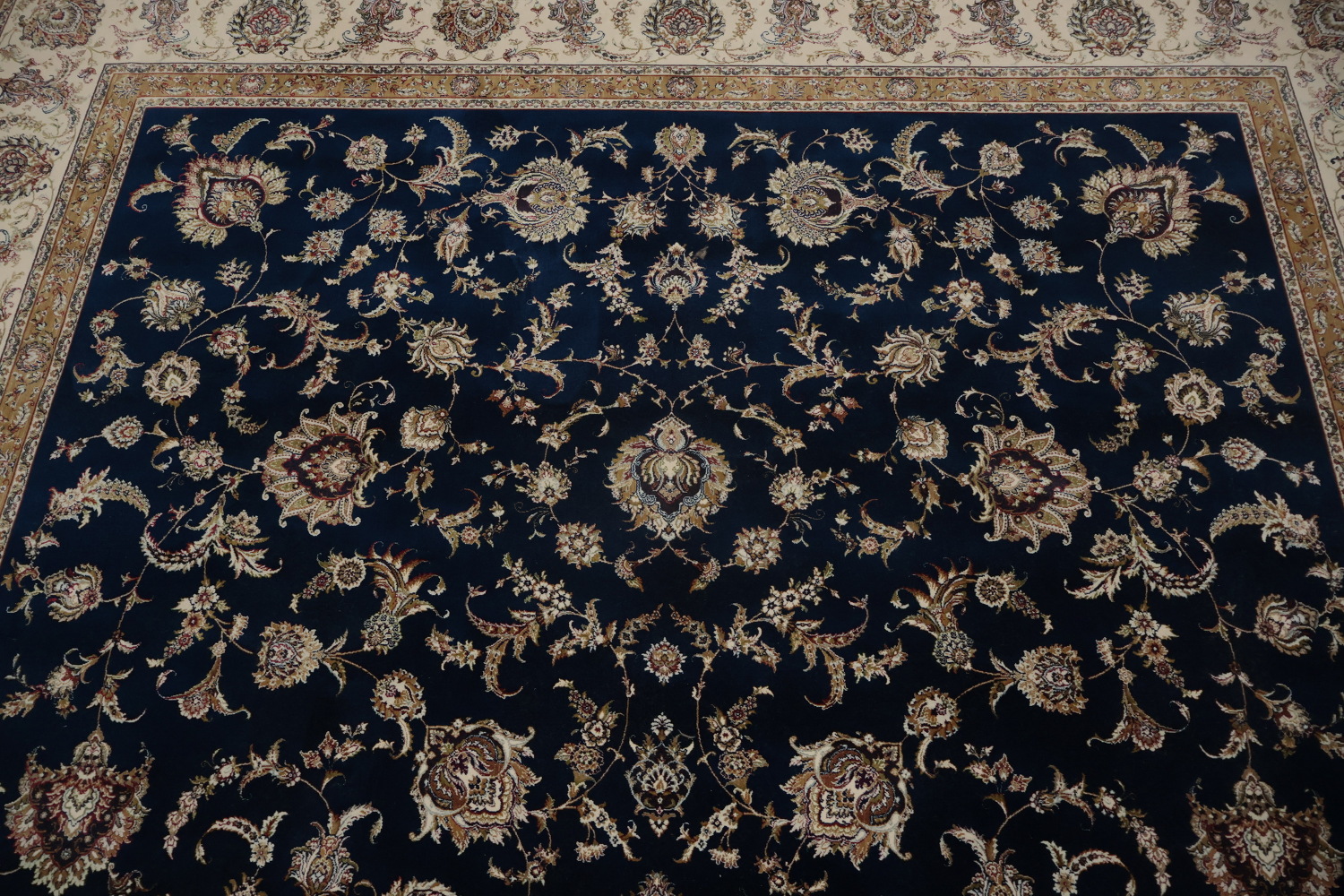 Traditional Qum Area Rug 7x10 Timeless Beige and Blue Floral Motifs
