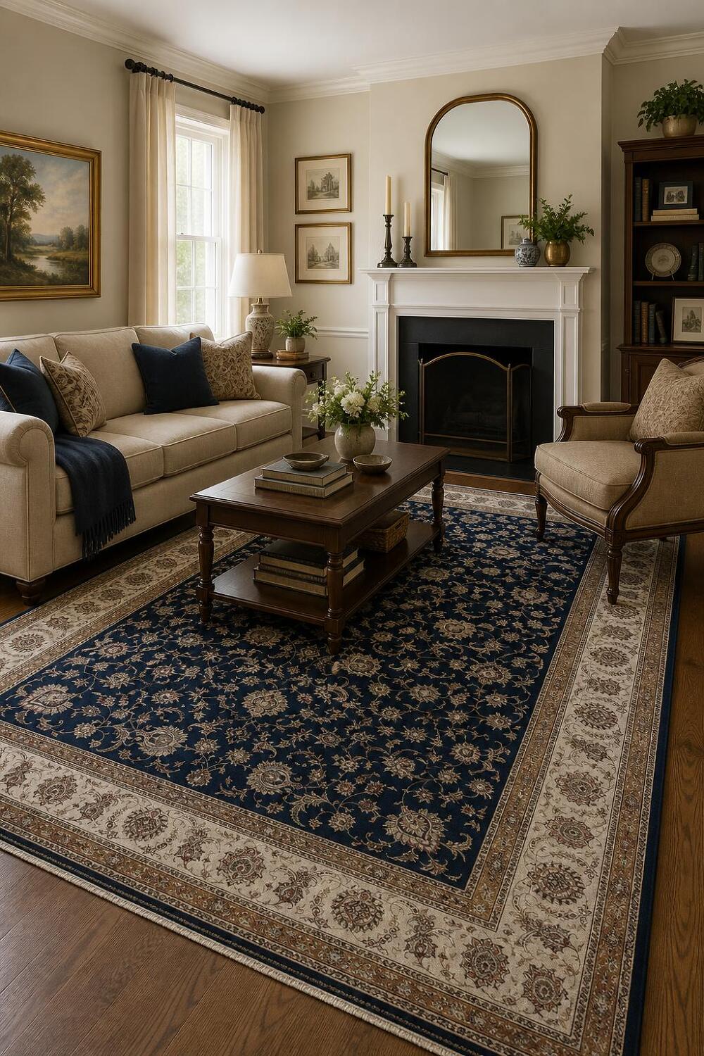 Traditional Qum Area Rug 7x10 Timeless Beige and Blue Floral Motifs