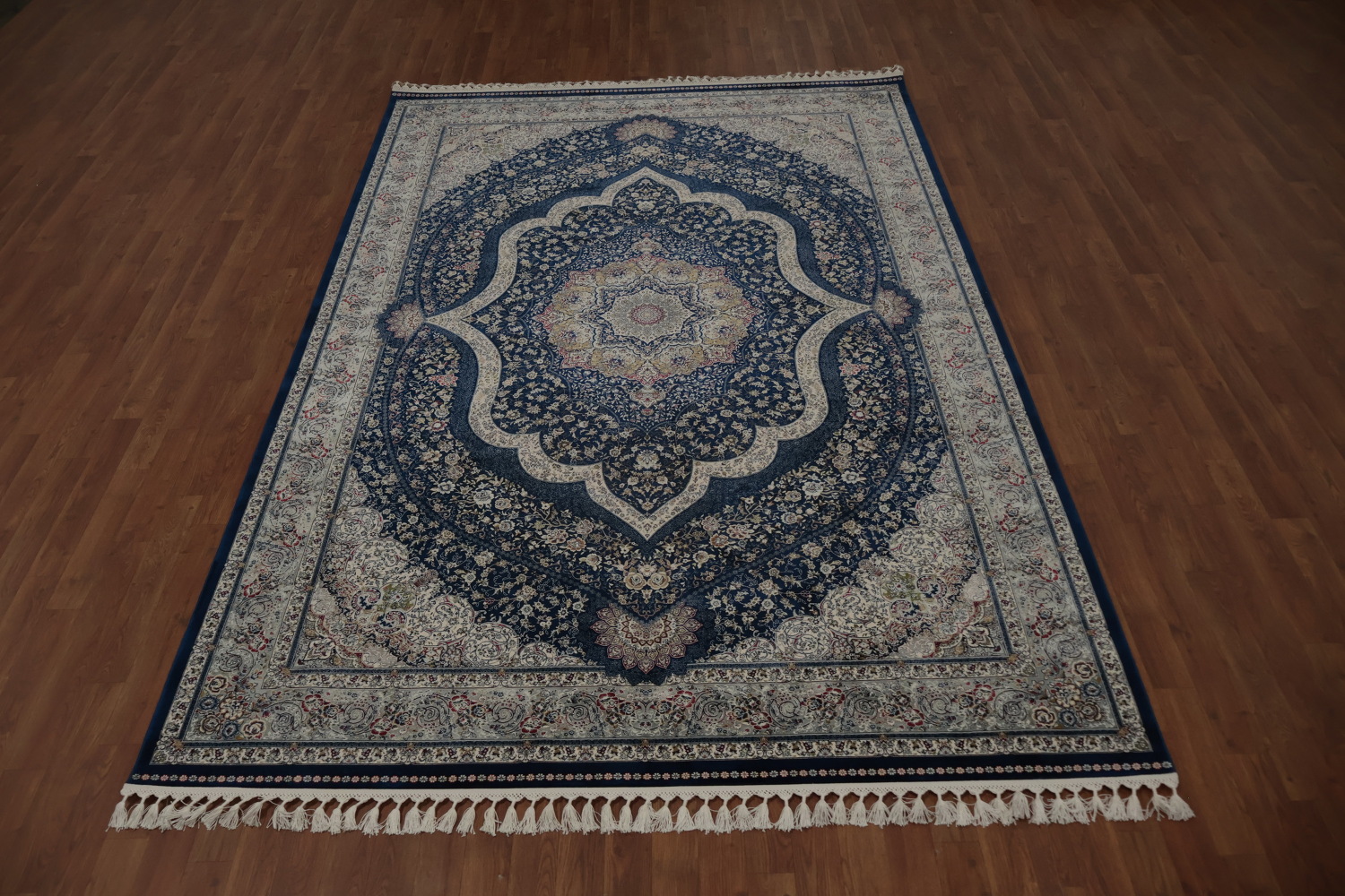 Graceful Blue Qum Turkish Area Rug 7x10 with Ornate Detailing